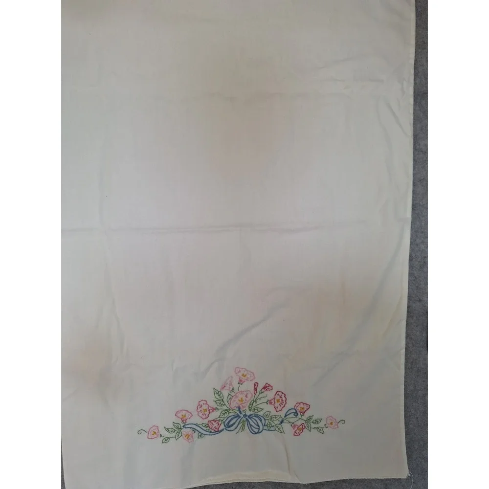 Vintage Hand Embroidered Floral Pillowcase Pink Morning Glory Blue Bow White